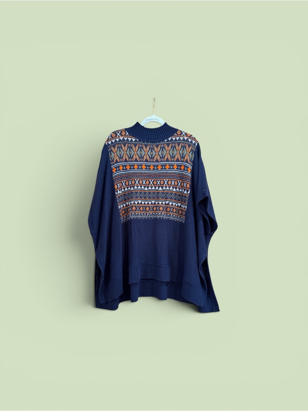 Sundance Navy Blue Knit Poncho with Orange and Cream Fair Isle Pattern